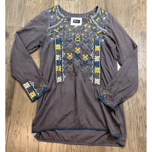 Johnny Was BIYA Embroidered Tunic Top Gray Long Sleeve Boho Women's Size S - Picture 1 of 11